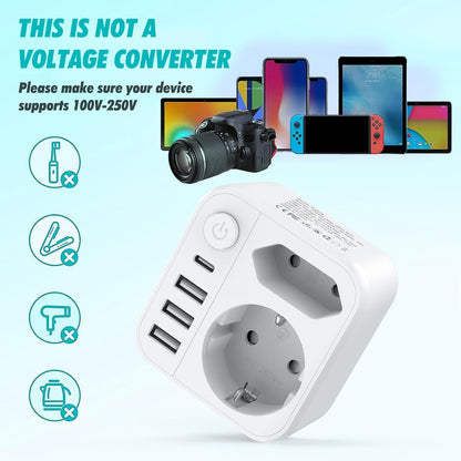 Clomnpe American Plug Adapter, 6 in 1 US Plug Adapter with 3 USB A to 1 USB C, Travel US Plug Adapter with European Plug and Schuko for America, Canada, Mexico, US Type B Plug