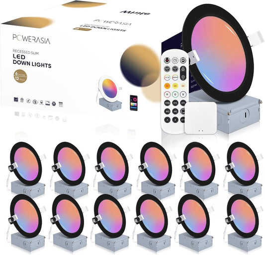 12 Pack Black Smart Recessed Lighting 6 Inch, Ultra-Thin 6 Inch LED Recessed Lights12W 1200LM Smart Downlight with Junction Box, Compatible with Alexa/Google Assistant and Siri - ETL and Energy Star