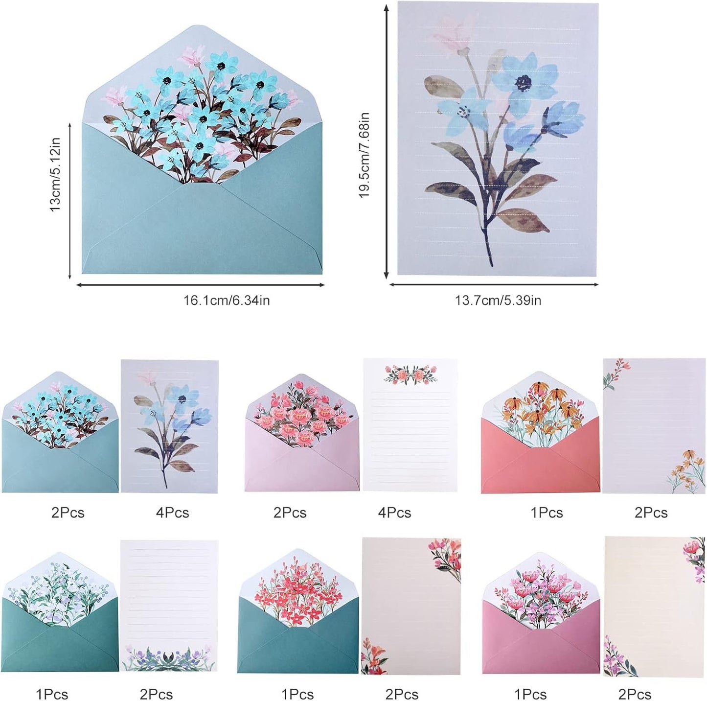24 Pcs Stationery Paper and Envelopes Set Lined Letter Paper 16 Flower Writing Paper with 8 Envelopes Writing Stationery Paper Floral Stationery Paper Cute Stationery Set for Invitation Gifts Kids