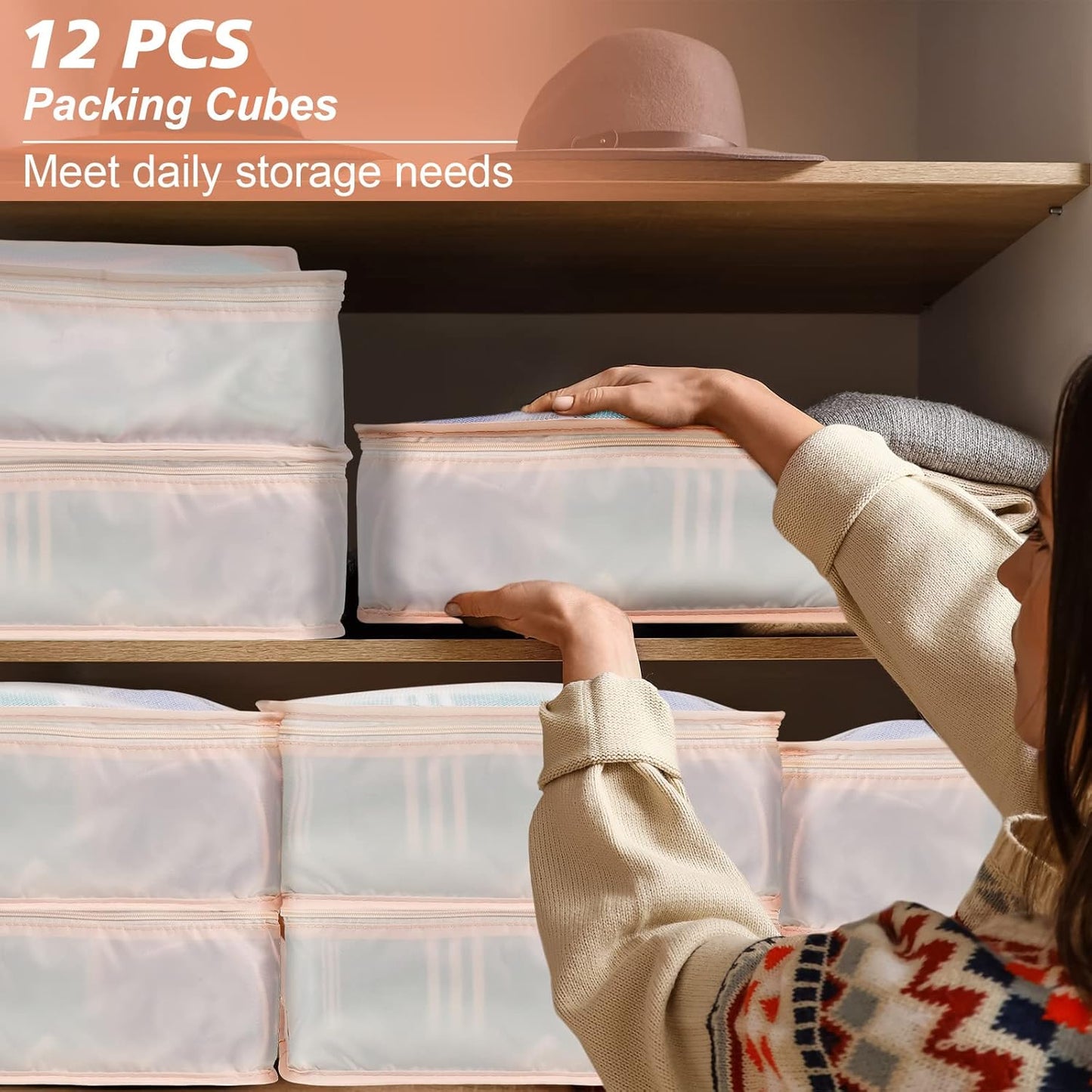 12 Pcs Large Packing Cubes Luggage Organizers for Suitcase High Capacity Travel Organizer Reusable Mesh Luggage Storage Bags for Shoe Clothes Hiking Camping Backpacking Accessories (Beige)