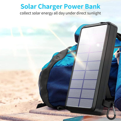 Solar Portable Power Bank Charge 6 phones at the Same Time 30000mAh Solar Charger With 4 wires and Wireless Charging Function LED Camping Lights External Battery Pack Outdoor Camping Equipment (Black)