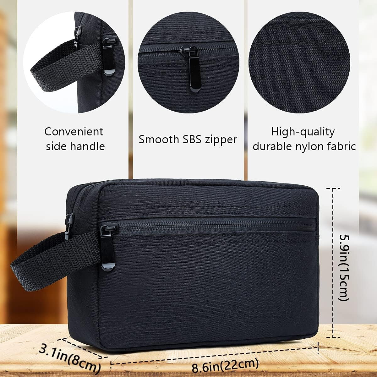FUNSEED Travel Toiletry Bag for Women and Men, Water-resistant Shaving Bag for Toiletries Accessories, Foldable Storage Bags with Divider and Handle for Cosmetics Toiletries Brushes Tools, Black