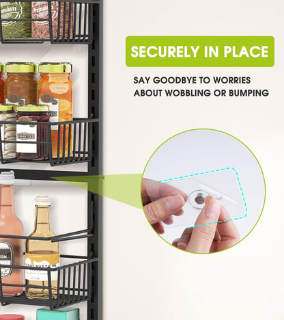 Over The Door Pantry Organizer, Wall Mount Spice Rack, Pantry Hanging Storage and Organization, 8 Adjustable Baskets Heavy-Duty Metal for Home & Kitchen, Back of Door Seasoning Rack - Black