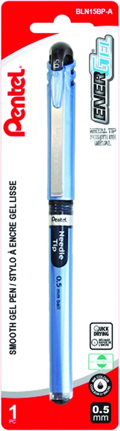 Pentel EnerGel Liquid Gel Rollerball Pen with Cap to Protect Pockets, Everyday Writing, Office Supplies, School Supplies, 0.5mm, Fine Needle Point, Blue Barrel, Black Ink, BLN15BP-A, 1 Pack