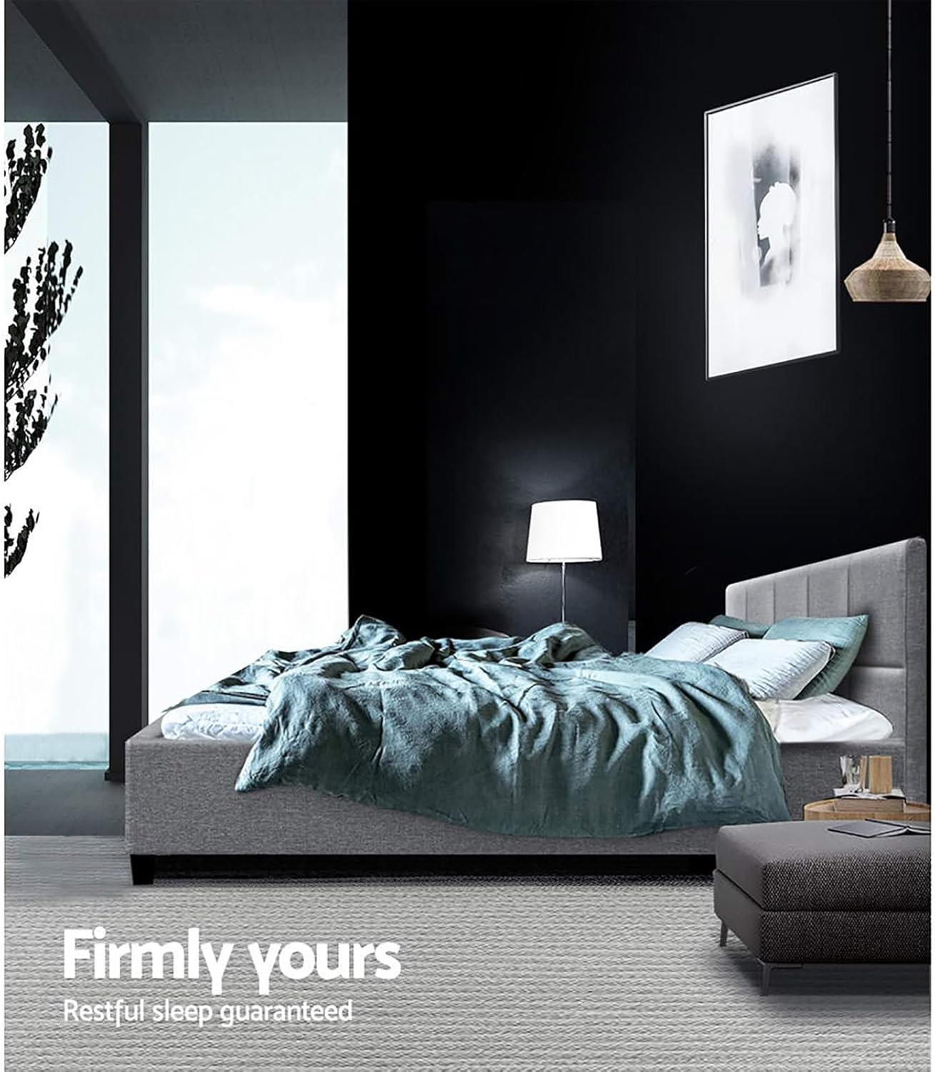 Artiss Queen Bed Frame Platform Checkered Headboard Wooden Beds Base Frames Bedroom Room Decor Home Furniture, Upholstered with Grey Faux Linen Fabric + Foam + Wood, Modern Design