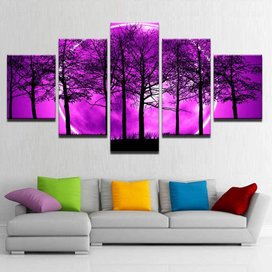 ZHRMGHG Stampa Artistica A 5 Pannelli Quadro su Tela - Oggettistica per La Casa Notte Viola Luna - Adatto per Soggiorno Camera da Letto Decorazione Moderna La Casa Stampa Artistica