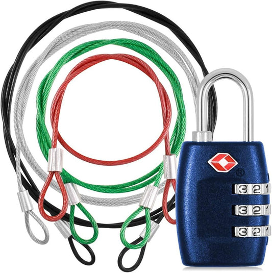 DanziX TSA Approved Lock and 4 Colors Stainless Steel Safety Tetherï¼Œ3-Dial Combination Travel Luggage Lock with Lanyard Security Cable for Protect Your Different Sizes of Suitcase,Baggage-Deep Blue