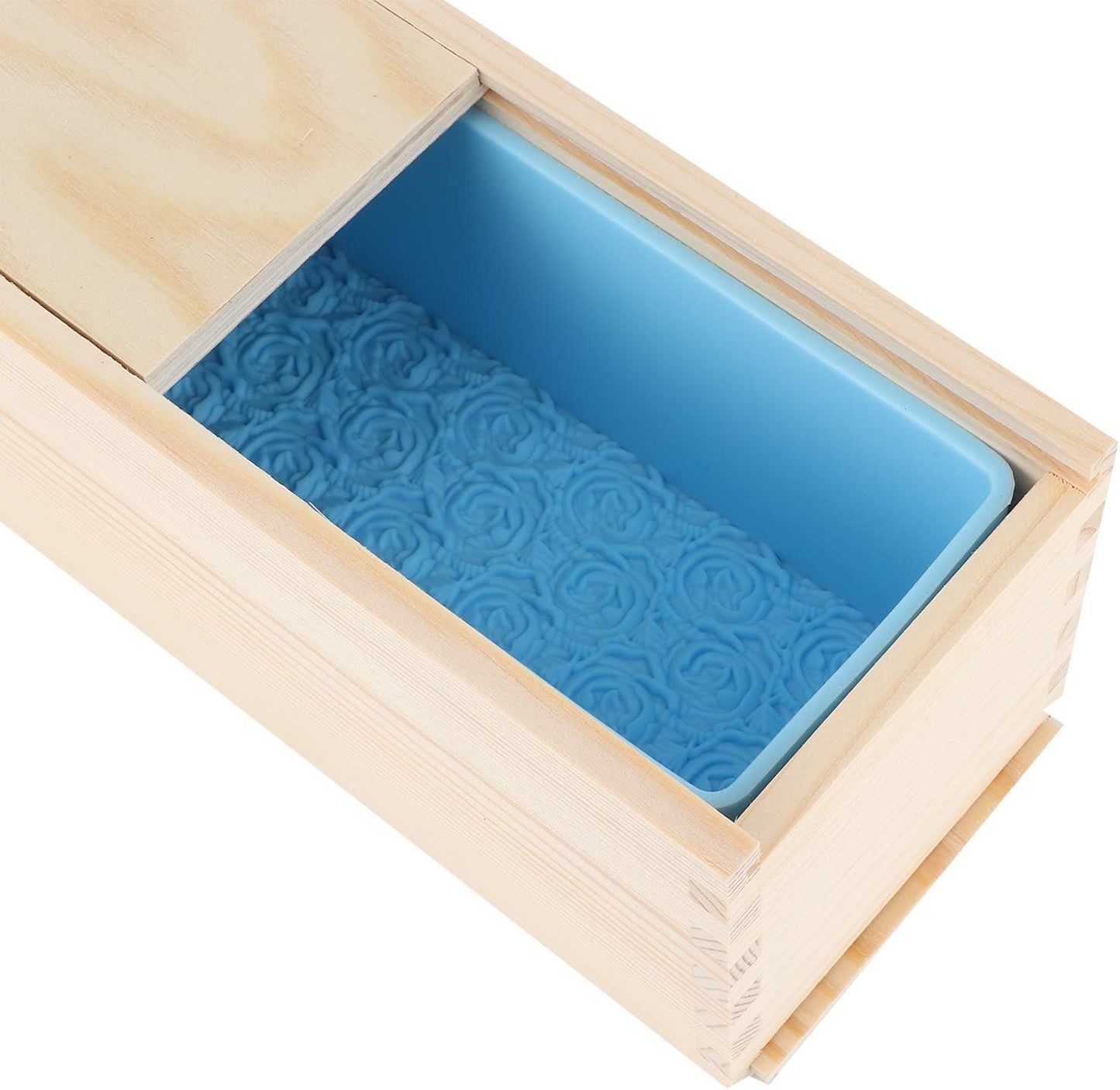 DIY Rose Pattern Handmade Bread Soap Mold Silicone Liner Wooden Box Cake Baking Tool for Home Kitchen Crafting Non Toxic Material 28.2x9x9cm (Sky blue silicone + wooden box)