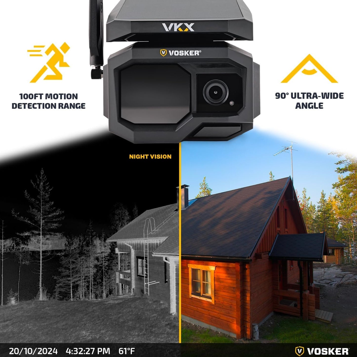 Vosker VKX Solar Powered 4G-LTE Outdoor Cellular Security Camera - No WiFi Needed, Motion Activated, Night Vision, SIM Card Included, On-Demand Mode - 15s Video Clips, IP65 Weather-Resistant