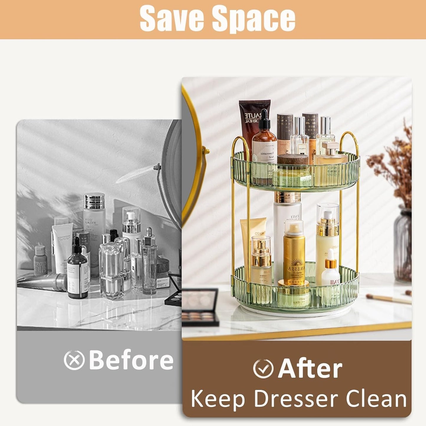 Rotating Makeup Organizer, 2 Tier Large Capacity Perfume Organizer Makeup Organizer, Cosmetic Organizer for Vanity Bathroom Bedroom, Green