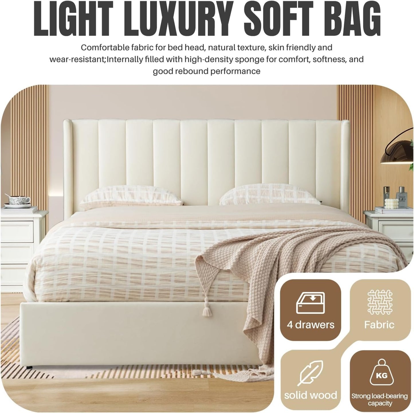 YUHUASHI Upholstered Queen-Size Platform Bed Frame with 4 Storage Drawers and Headboard, Velvet Upholstery with Wooden Slats Support, No Box Spring Required (Cream, Queen)