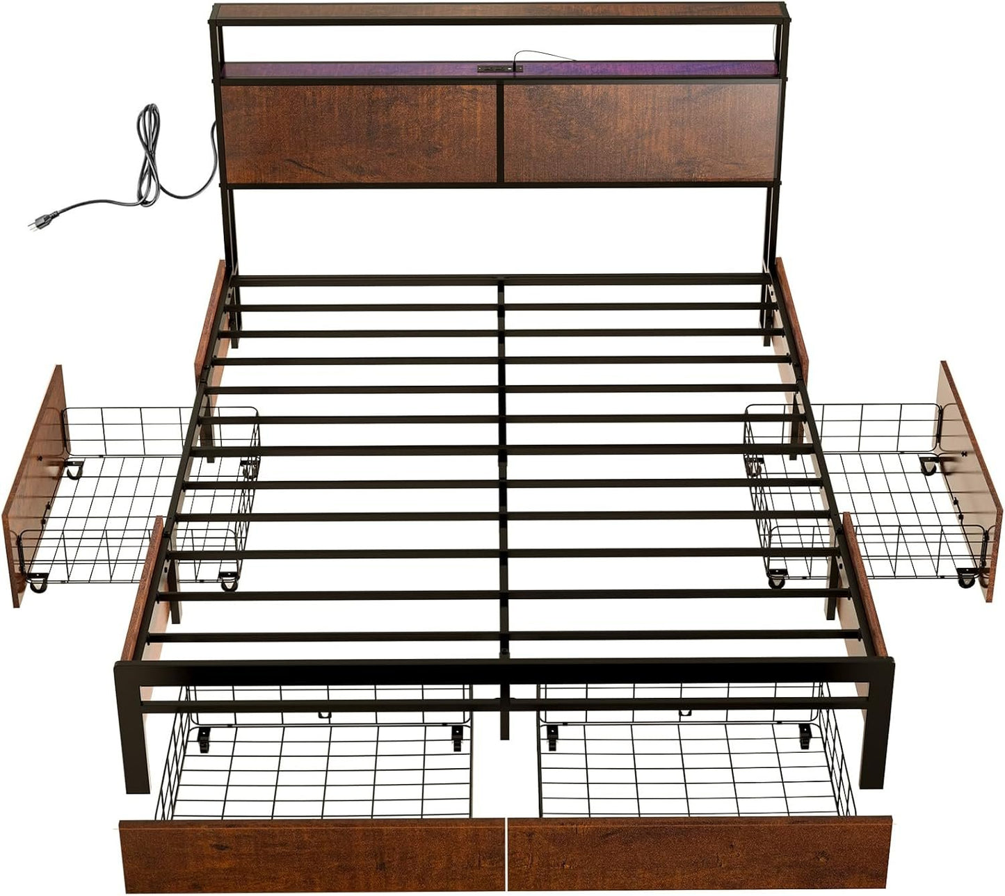 HAUSOURCE Queen Bed Frame with Storage Headboard and 4 Drawers LED Lights Metal Platform Non-Slip Without Noise Mattress Foundation Strong Metal Slats Support No Box Spring Needed