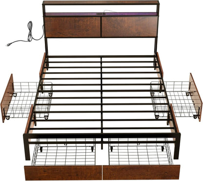 HAUSOURCE Queen Bed Frame with Storage Headboard and 4 Drawers LED Lights Metal Platform Non-Slip Without Noise Mattress Foundation Strong Metal Slats Support No Box Spring Needed