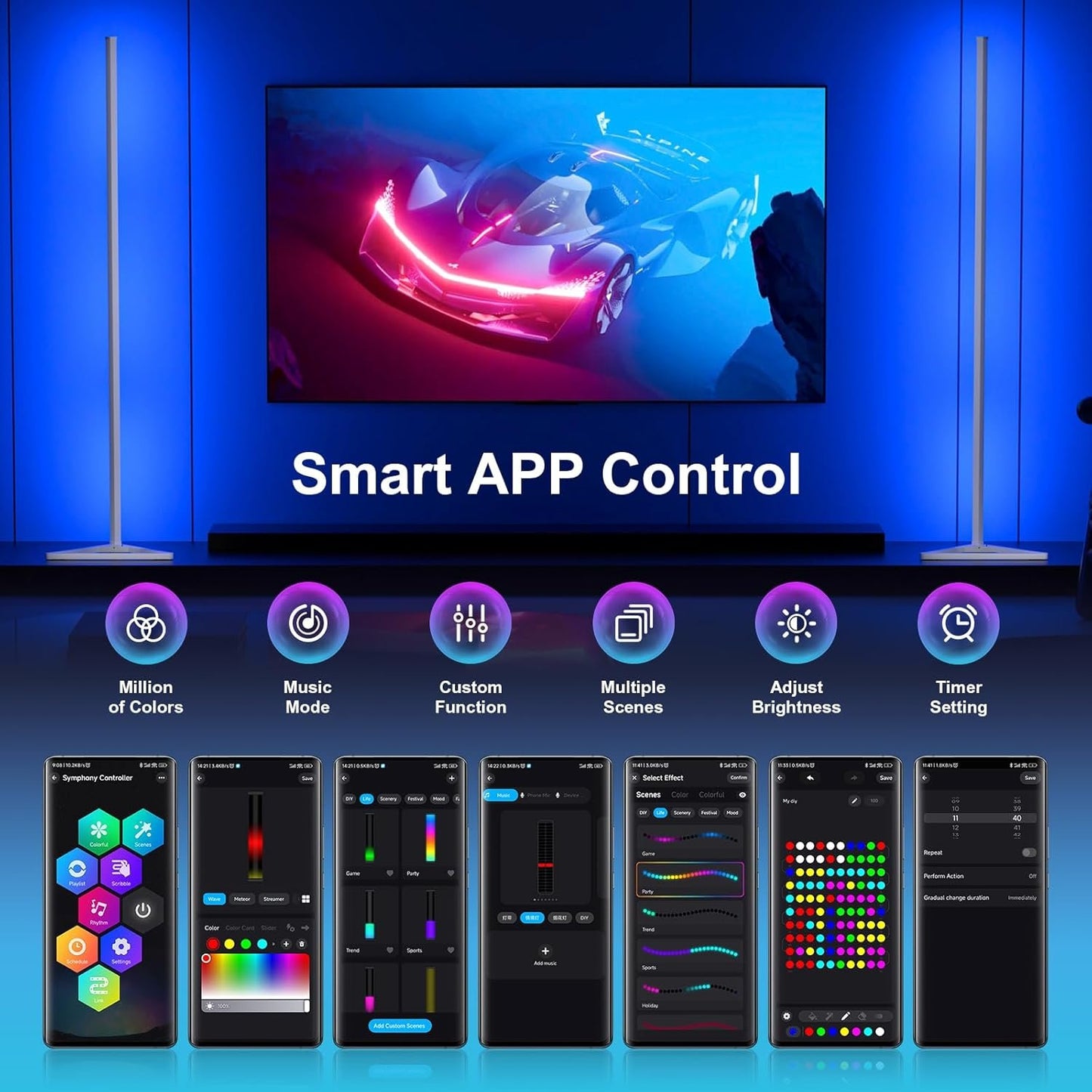 MIHEAL 2PCS Corner Floor Lamp, Synced Lights LED Control Floor Lamp RGB Light 56" Smart LED Corner Lamp App and Remote for Living Room Gaming Bedroom and Etc.