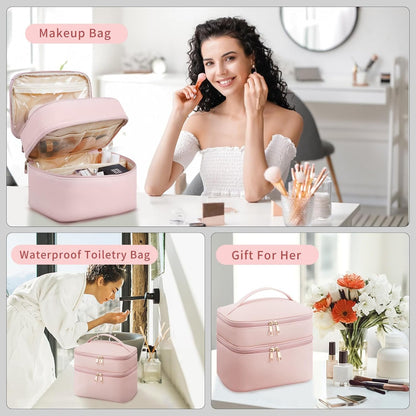 Onilife Double Layer Travel Makeup Bag, Portable Cute Cosmetic Bag Large Make Up Organizer Case Toiletry Bag for Women Girls with Handle and Removable Divider, Pink