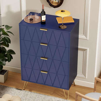 GOOBUY Chest of Drawers with 4 Drawers, Wooden Bedroom Como, Living Room Furniture, Gold Handles and Legs, 34 x 60 x 91 H cm, Blue