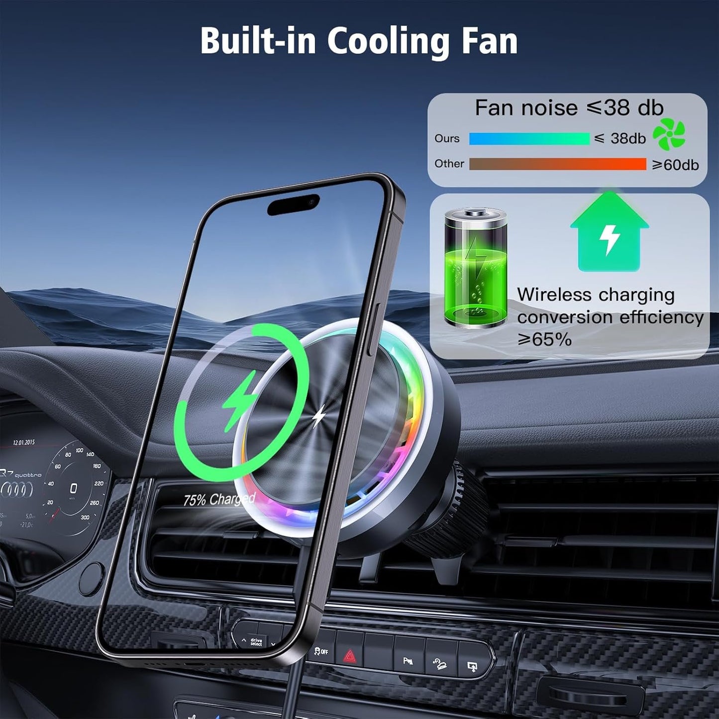Car Phone Holder Wireless Charger, 15W Magsafe Car Charger with Magnetic Wireless Cooling Fan for iPhone 15 Pro Max 14 13 12 Series (Black2)