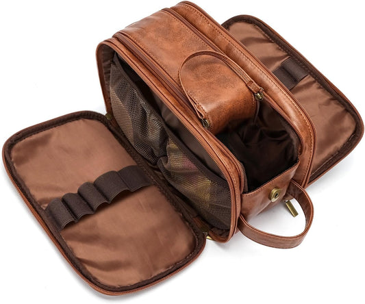 Toiletry Bag Men's PU Leather Toiletry Bag Wash Bag for Travel Toilet Bag Men Organiser Dopp Kit Cosmetic Bag, Brown
