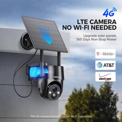 4G LTE Cellular Solar Security Camera Wireless Outdoor, No WiFi Solar Powered Camera, 360° Live View, 2K Color Night Vision, PIR Detection, 2-Way Audio, Motion Alert, Built in SIM Card, Easier to use
