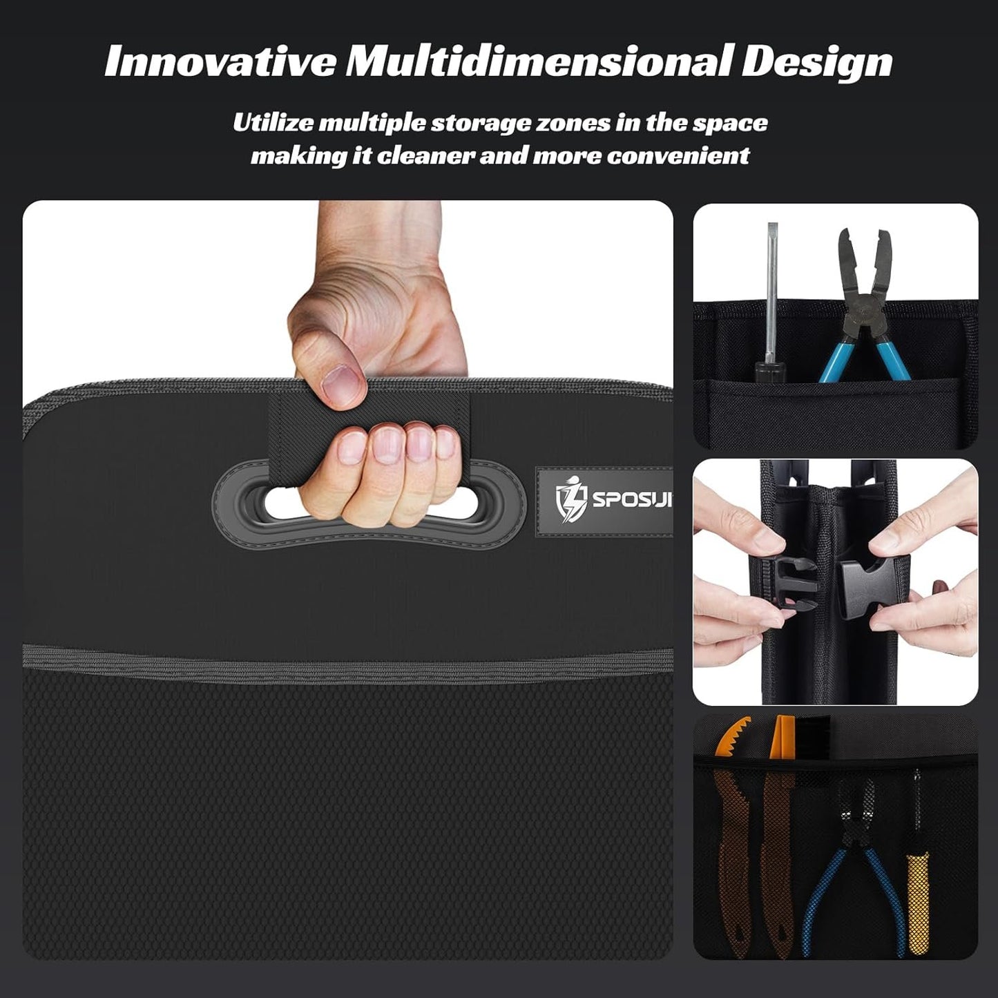 Sposuit Trunk Organizer for Car - Collapsible Trunk Storage with 11 Pockets & Reinforced Handles, SUV Trunk Organizers for Grocery Cargo(Black)