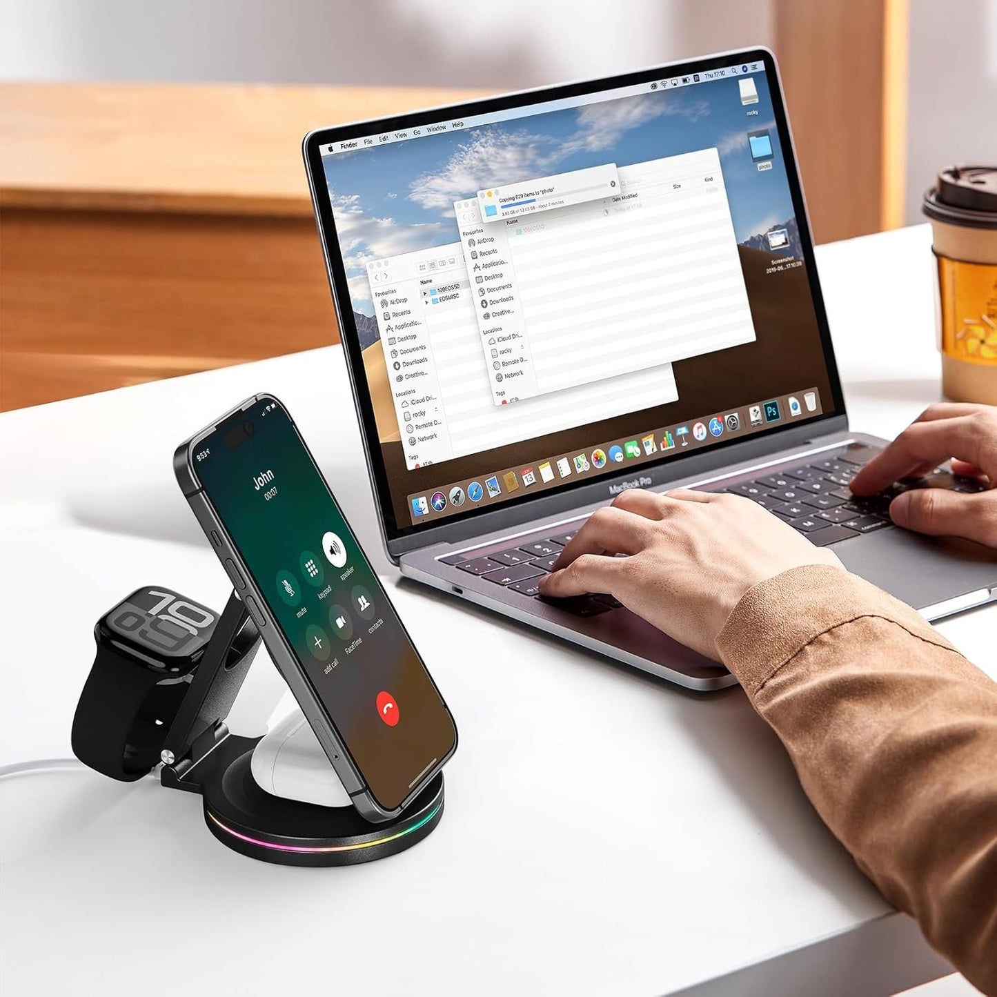 3 in 1 Wireless Charger Station for iPhone & Apple Watch & AirPods, 360 Rotating 10W Fast Charging Station Compatible with iPhone 12-16 Series Zinc Alloy Foldable Charger Stand with Magnetic