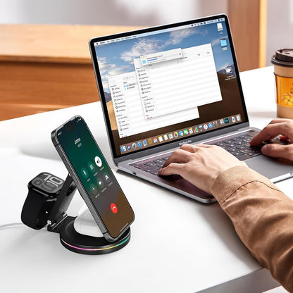 3 in 1 Wireless Charger Station for iPhone & Apple Watch & AirPods, 360 Rotating 10W Fast Charging Station Compatible with iPhone 12-16 Series Zinc Alloy Foldable Charger Stand with Magnetic