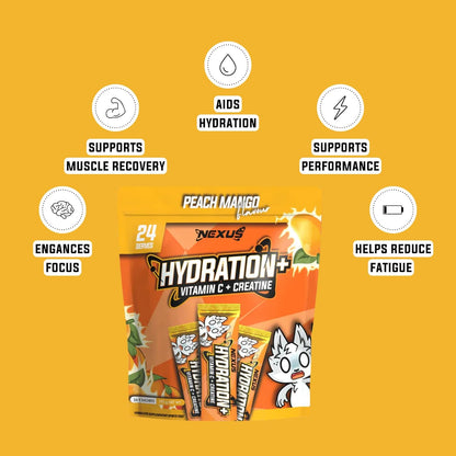 Nexus Hydration+ Electrolyte Powder Sachets, Alternative for Hydralyte Tablets, Taurine, Potassium, Magnesium, Sodium Citrate, Gluten Free, Zero Fat, Vitamin C, B1, B3, B6, E, 8g (Pack of 24), Peach Mango