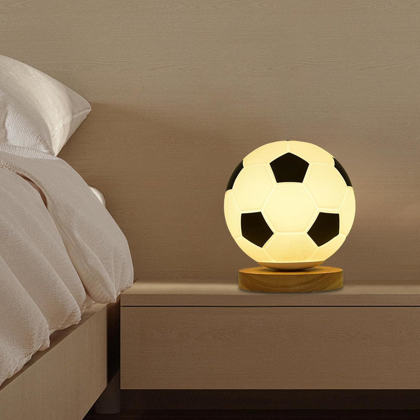 Folpus Soccer Lamp Brightness Adjustable Night Light with Wooden Base Warm Light Lighting Small Table Lamp USB Powered for Bedside Kids Gift, Flat Base