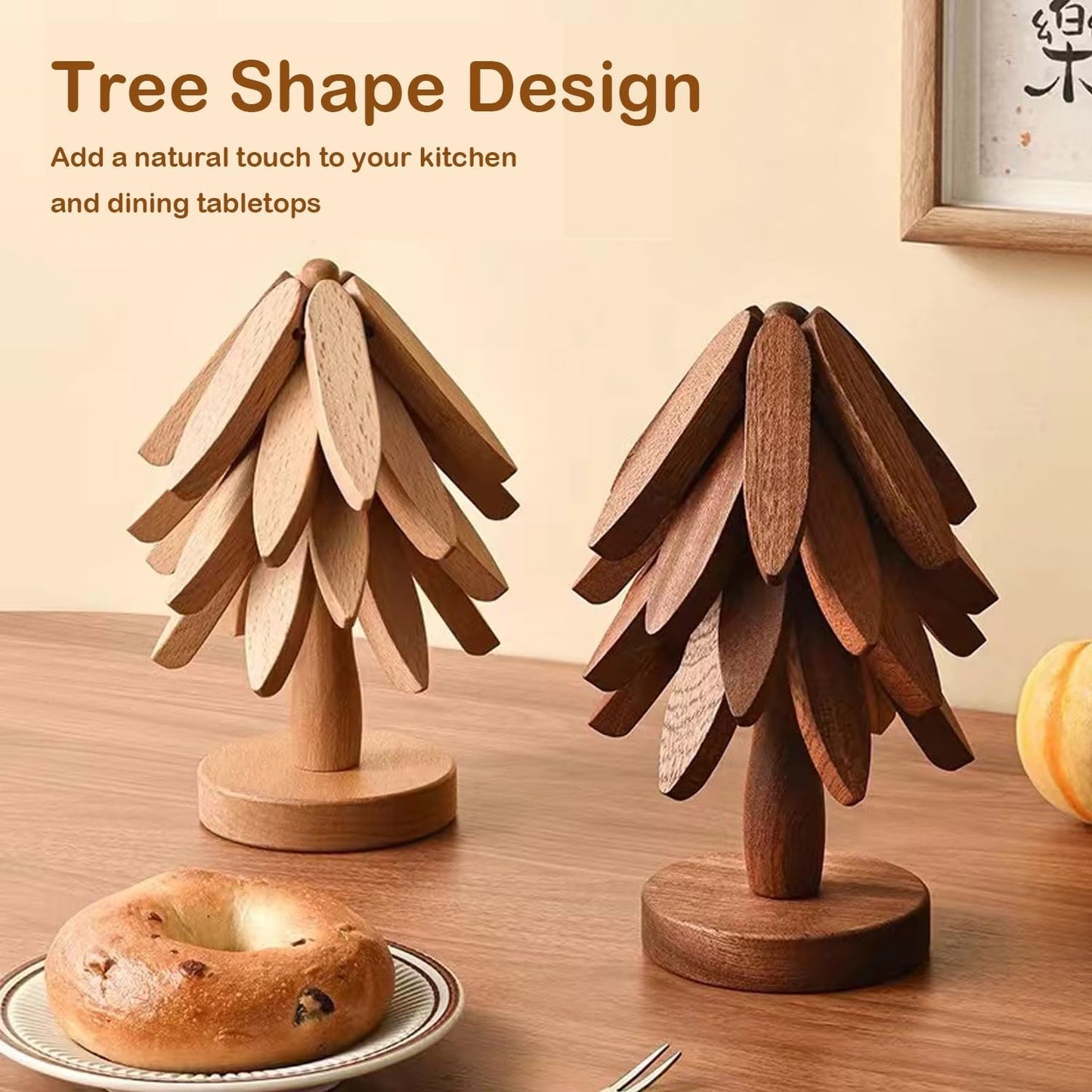 ROXANEPIG Wooden Trivets for Hot Dishes, 4pcs Tree Trivets +1 Stand, Wooden placemat Coaster, Tree Design hot Pot mat, Heat Resistant Folding mat for teapot, pan, Bowl (Black Walnut)