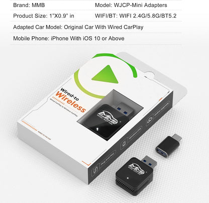 MMB WJCP-MINI CarPlay 2024 Wireless Upgrade Adapter CarPlay Adapter Dongle, Converts Factory Wired CarPlay to Plug and Wireless Gaming, with Car CarPlay and iOS 10+