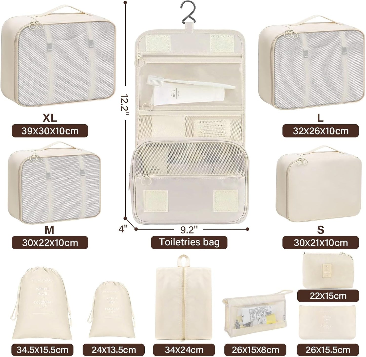 12-Piece Suitcase Organizer Set for Suitcase, Travel Organizer, Space-Saving Packing Cubes, Travel Clothes Bags, Underwear Clothing Bags Footwear (Beige)