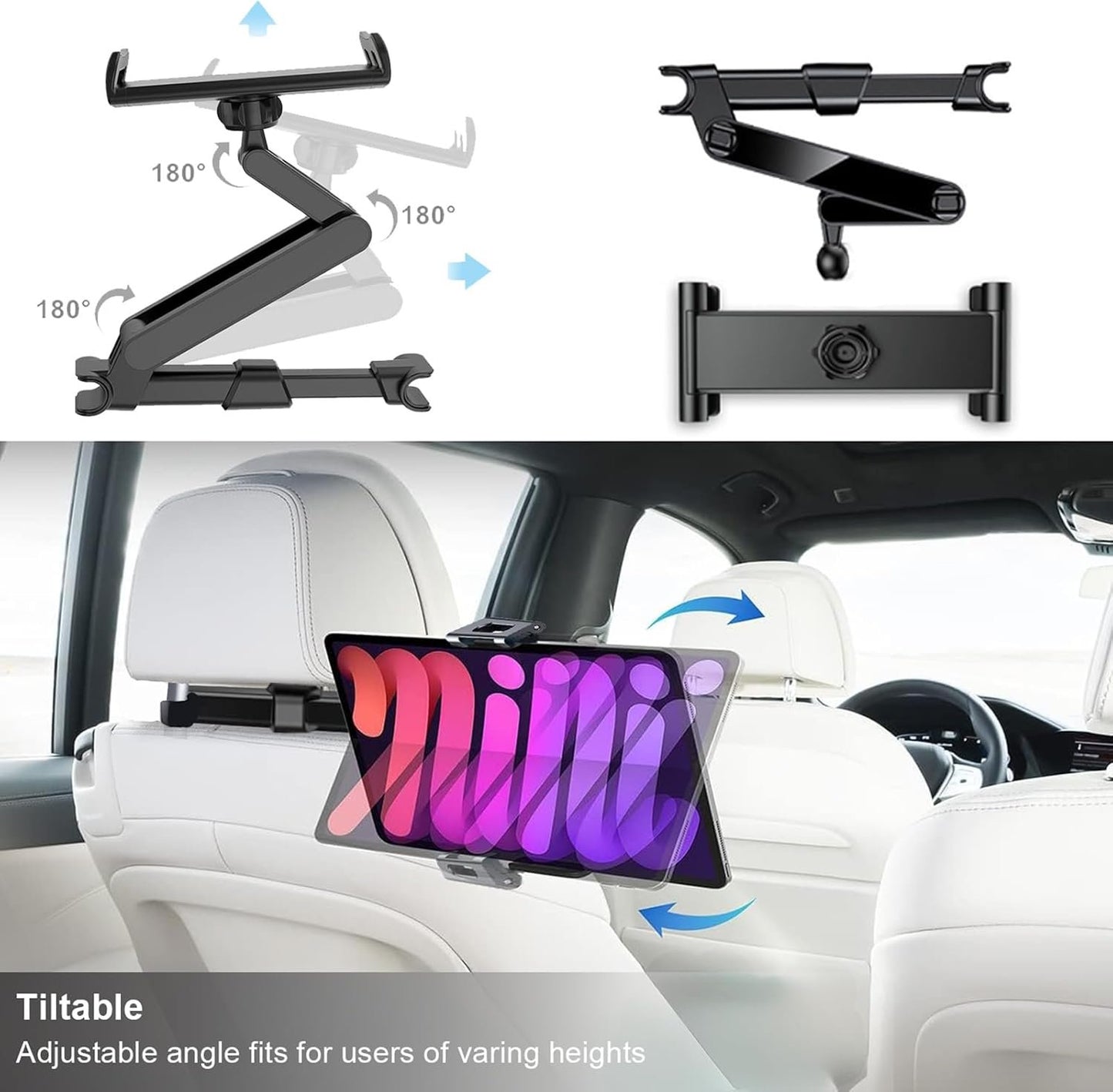 Tablet Holder for Car Headrest, 360 Rotating Adjustable Tablet Car Mount for Back Seat, Trip Essentials for Kids, iPad Holder for 4.7-12.9" Like iPad Pro, Air, Mini, Galaxy, Fire (Black)