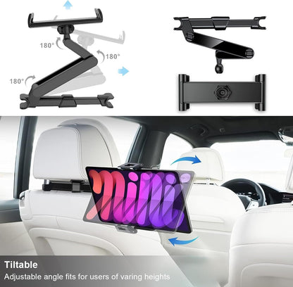 Tablet Holder for Car Headrest, 360 Rotating Adjustable Tablet Car Mount for Back Seat, Trip Essentials for Kids, iPad Holder for 4.7-12.9" Like iPad Pro, Air, Mini, Galaxy, Fire (Black)
