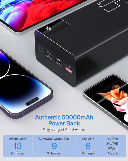 50000mAh Power Bank Portable Charger: 22.5 W Fast Charging External Battery - Powerbank with Flashlight and Large Capacit-Black