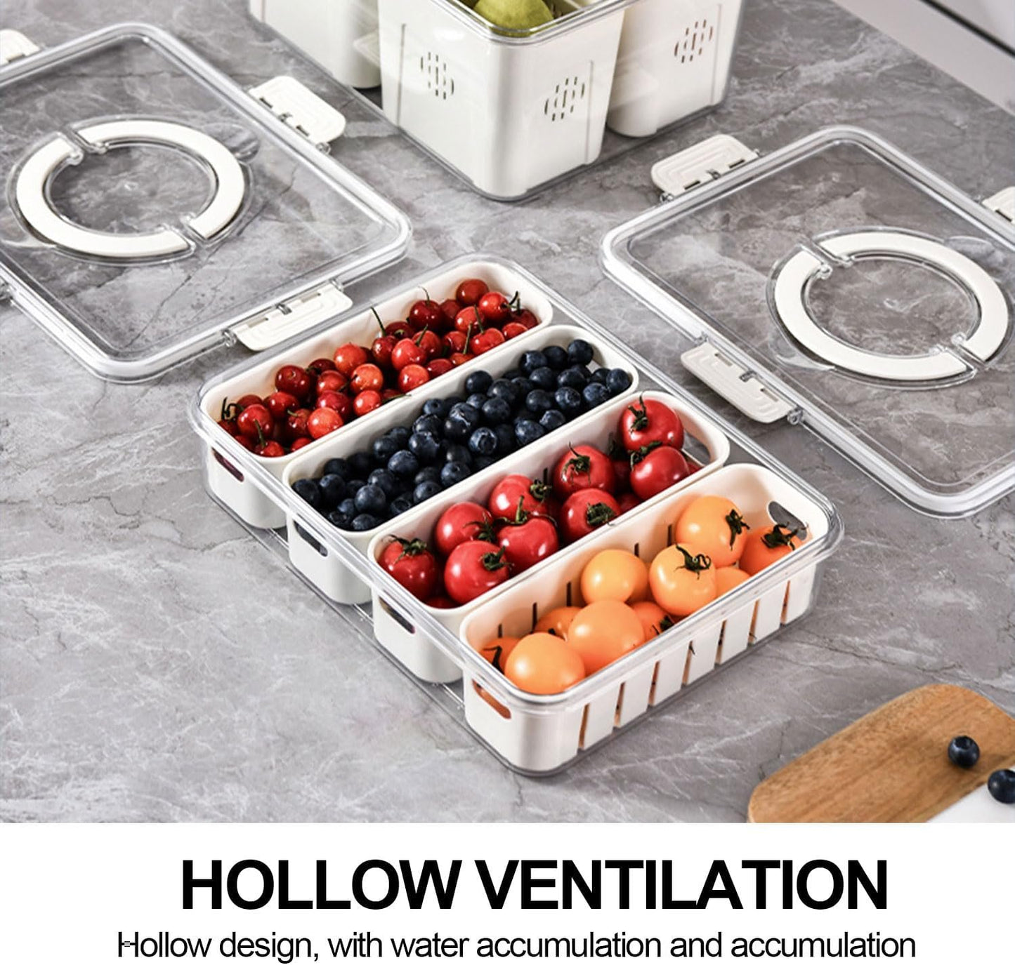 Divided Serving Tray with Lid and Handle, Storage Containers for Fridge, Snack Platters Organizer, Fruit Plate, Fresh -keeping Box Is Suitable for Fruits, Vegetables, Refrigerators, Picnics (4 grid)