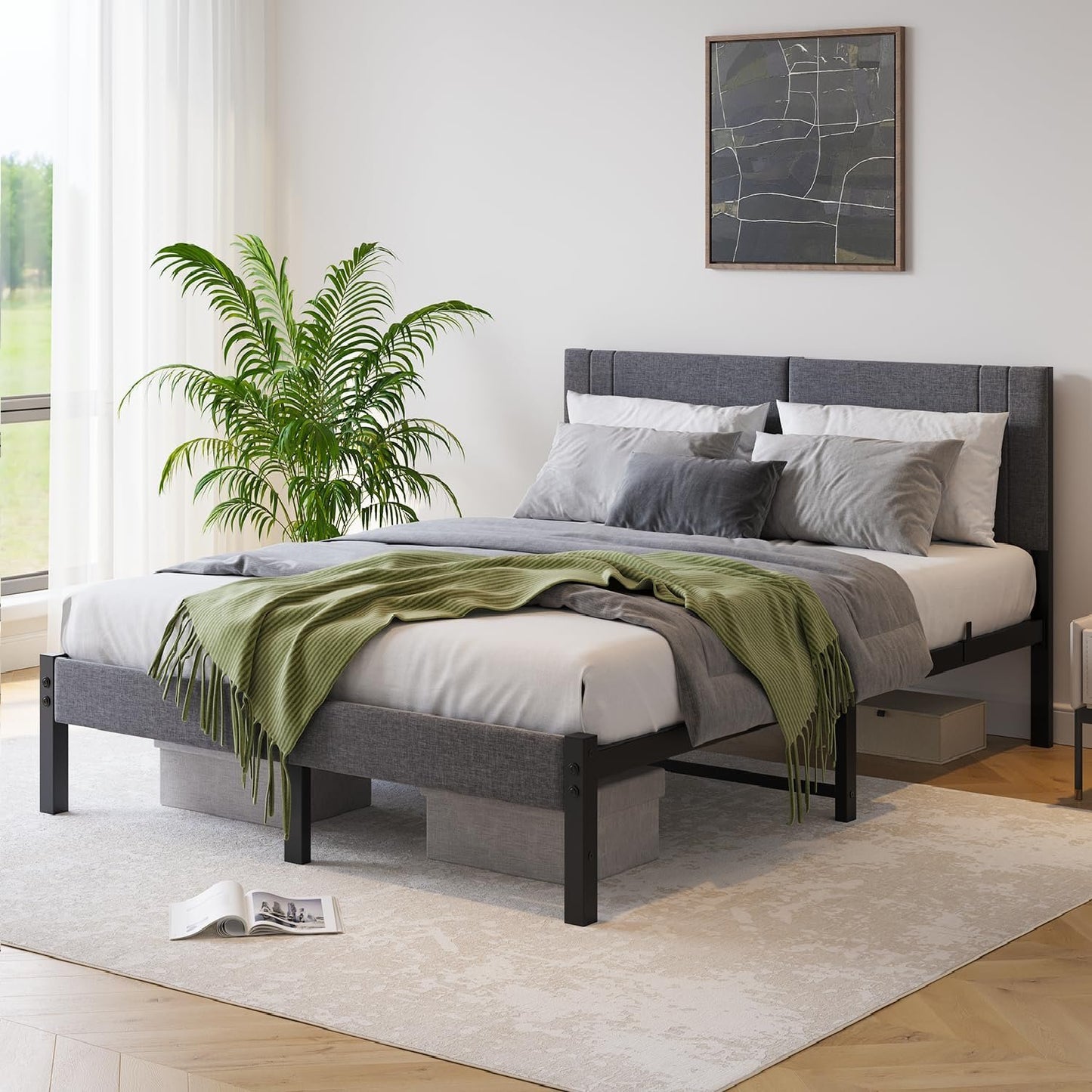 Queen Bed Frame, DUMEE Bed Frame Queen Size with Upholstered Headboard, Upholstered Bed Frame with Metal Slats Enhanced Support, No Box Spring Needed, Dark Gray Queen Bed
