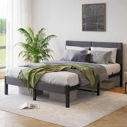 Queen Bed Frame, DUMEE Bed Frame Queen Size with Upholstered Headboard, Upholstered Bed Frame with Metal Slats Enhanced Support, No Box Spring Needed, Dark Gray Queen Bed