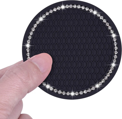 Bling Car Coasters, Wisdompro 4 Pack PVC Car Cup Holder Insert Coaster - Anti Slip Universal Vehicle Interior Accessories Crystal Glitter Cup Mats for Women and Men(2.75" Diameter, Black)