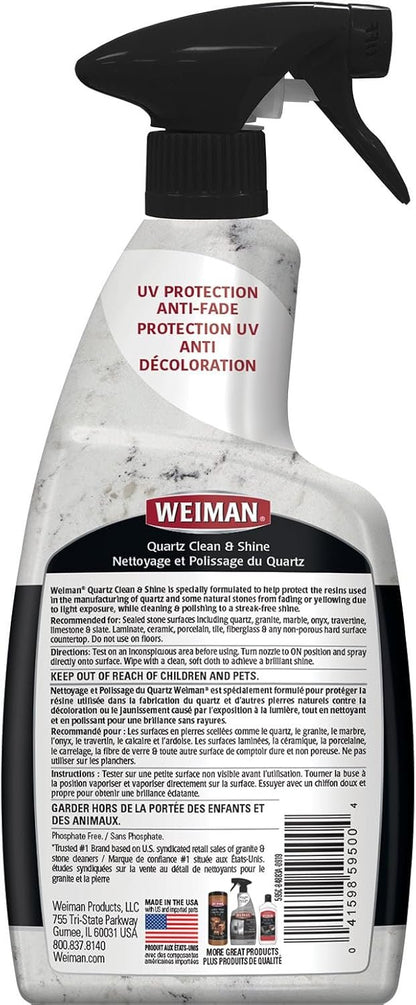 Weiman Quartz Countertop Cleaner and Polish - 24 Ounce (2 Pack) with Microfiber Towel Included - Clean and Shine Quartz Countertops Islands and Stone Surfaces, UV Protection, Orange Citrus Scent