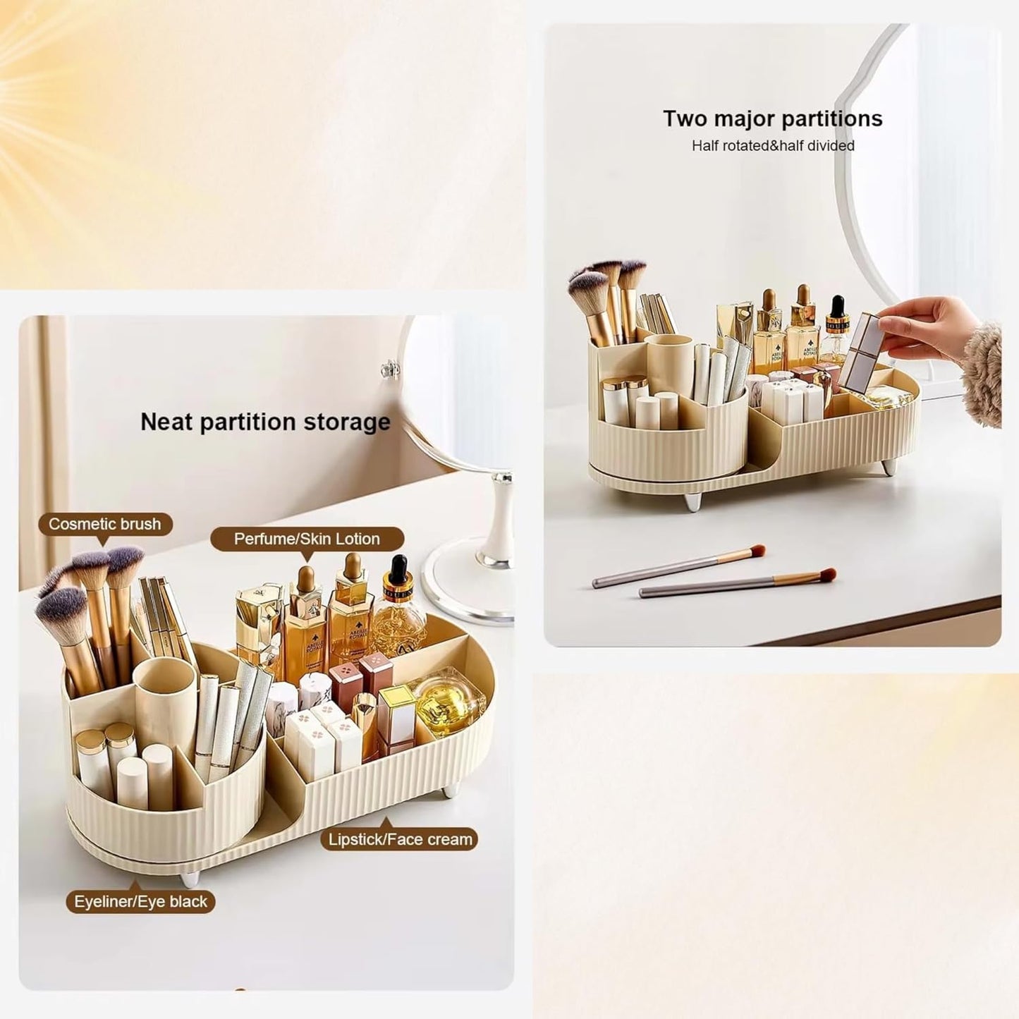 LUSHLOOM Modern Elegant Rotating Makeup Organizer - 360° Adjustable Cosmetic Storage Tray, Multi-Compartment Organizer for Makeup, Brushes, Skincare, Accessories - Beige