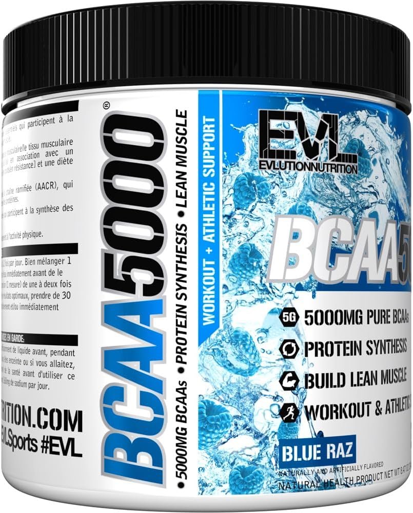 Evlution Nutrition BCAA5000 Powder - EVL BCAA Powder to Support Muscle Protein Synthesis & Building Lean Muscle - 5G BCAAs for Workout and Athletic Support - 30 Servings - Blue Raz