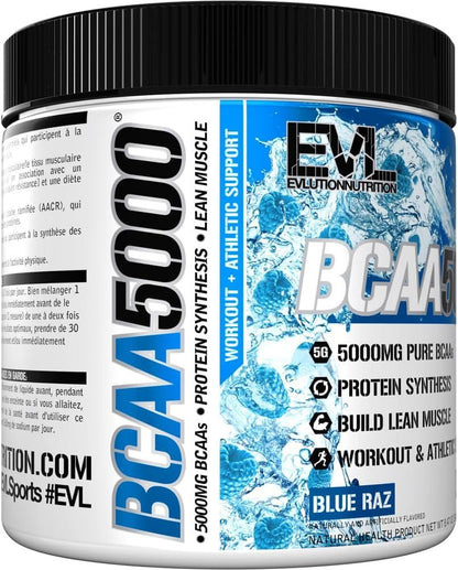 Evlution Nutrition BCAA5000 Powder - EVL BCAA Powder to Support Muscle Protein Synthesis & Building Lean Muscle - 5G BCAAs for Workout and Athletic Support - 30 Servings - Blue Raz