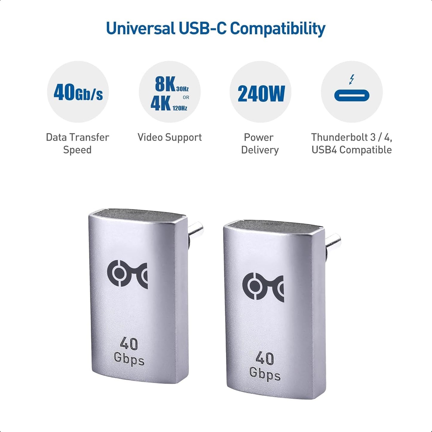 Cable Matters 2-Pack 40Gbps Right Angle USB C Adapter with 240W PD (90 Degree USB C Adapter) in Black - Thunderbolt 4, Thunderbolt 3, USB 4 Port Compatible with iPhone 15, iPad Pro, Steam Deck