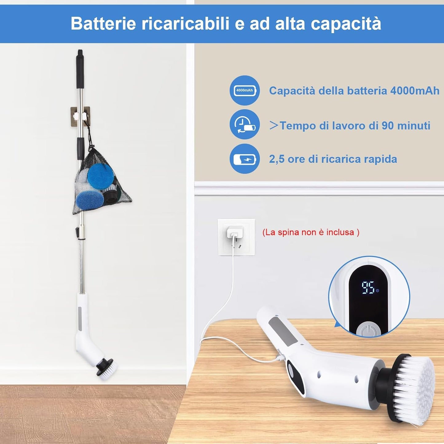 Fixm Electric Spin Scrubber, Cordless Shower Scrubber with Adjustable Extension Handle, Electric Cleaning Brush for Bathtub Kitchen Wall Cleaning, 2 Speeds with Display and 11 Replaceable Brush Heads