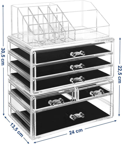 SONGMICS Organizer Trucchi con 6 Cassetti, Grande Organizzatore per Cosmetici in Acrilico, per Tavolozza, Pennello, Fondotinta, Rossetto, Smalto per Unghie, Forcine, Trasparente JKA009TP