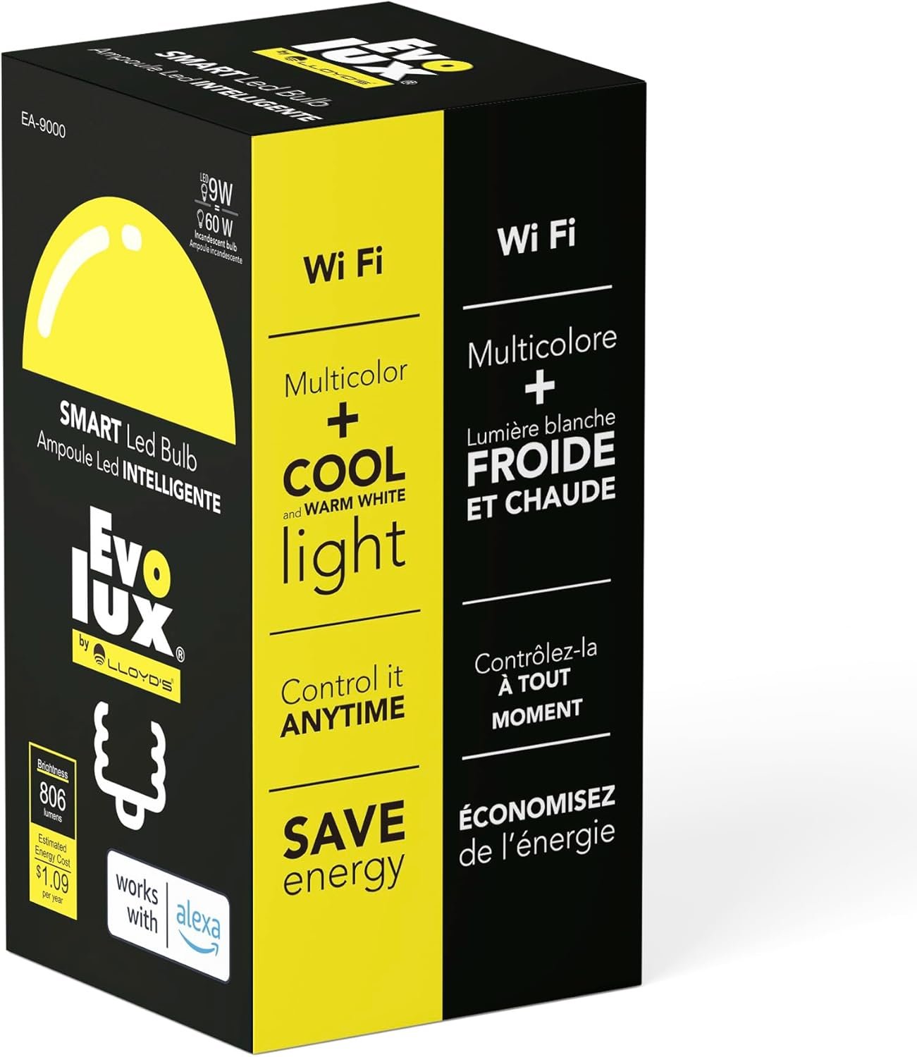 WiFi LED Dimmable Smart Light Bulb (E26) - Ampoule Intelligente - Smart Bulbs Alexa Compatible - Colour Changing, 806 Lumens - Energy Saver for 2.4 GHz Networks No Hub Needed - Warm & Cool White Light