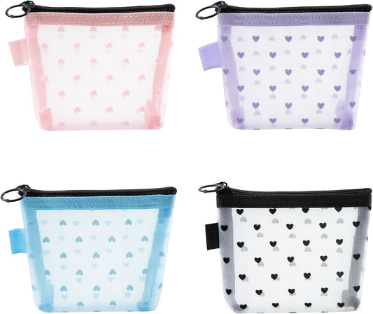 Mini Mesh Bags with Zipper, 4 Pieces, Small Clutch Make Up Transparent Cosmetic Bag for Girls Organization Toiletries Travel (Black/Purple/Blue/Pink), ['Black', 'Lila', 'Blue', 'Pink']