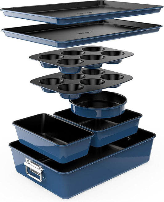 NutriChef, Baking Set, Baking and Cookie Sheets for Oven, Nonstick Stackable Bakeware Tray, Essential Baking Supplies, 8 Piece, Blue