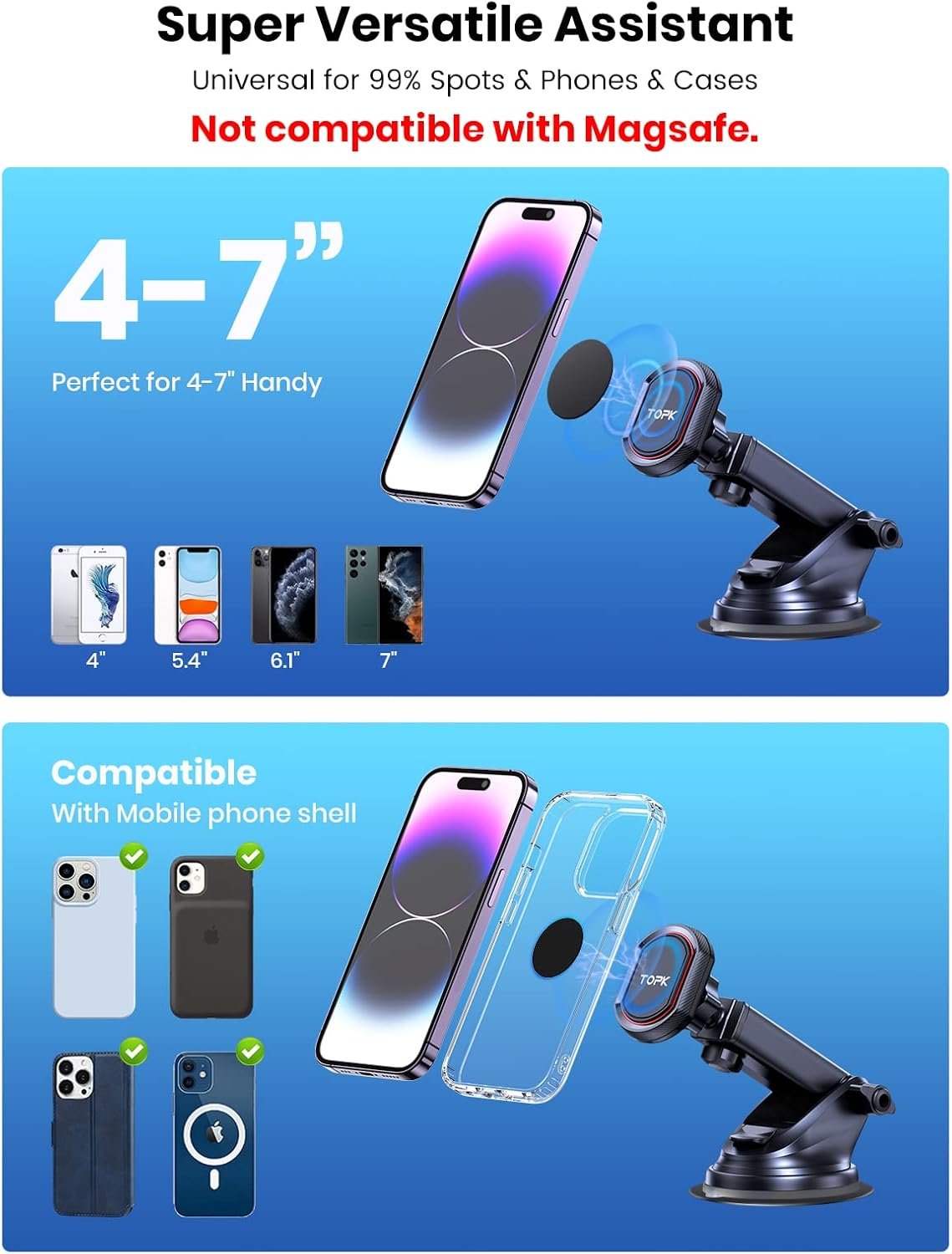 TOPK Magnetic Car Phone Holder for Windshield and Dashboard, [Strong Suction] Adjustable Long Arm Phone Holder with Stronger Magnet for Mobile Phones