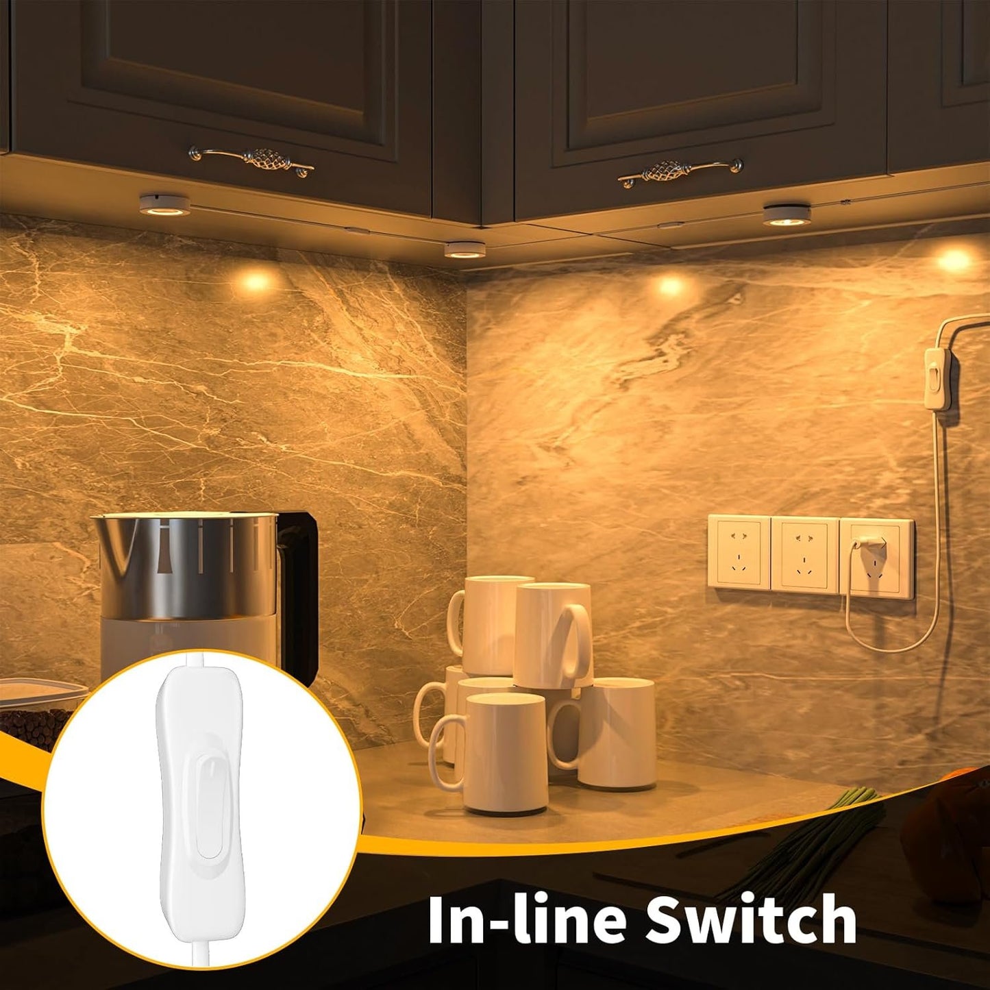 WOBANE LED Puck Lights,Hardwired Under Cabinet Lighting with Switch,DIY Shelf Light for Kitchen,Display,Bookcase,Pantry,Linkable,Recessed & Wall Plug in,Warm White 3000K,120V,Set of 3